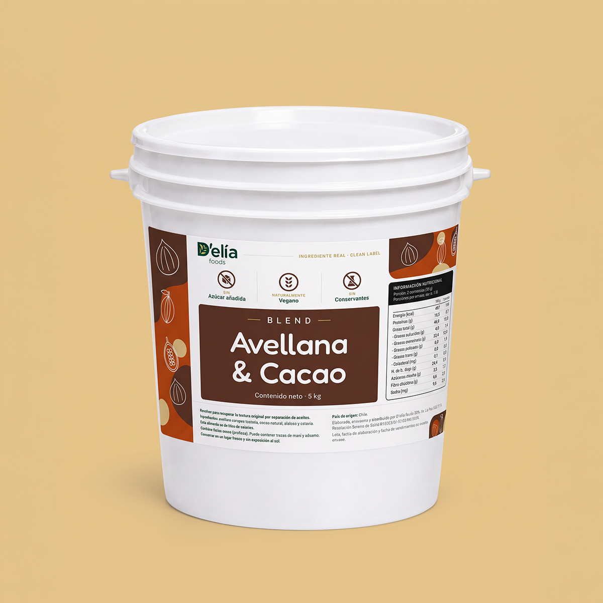 Balde de 5 kg de pasta blend de avellana y cacao D'elía foods