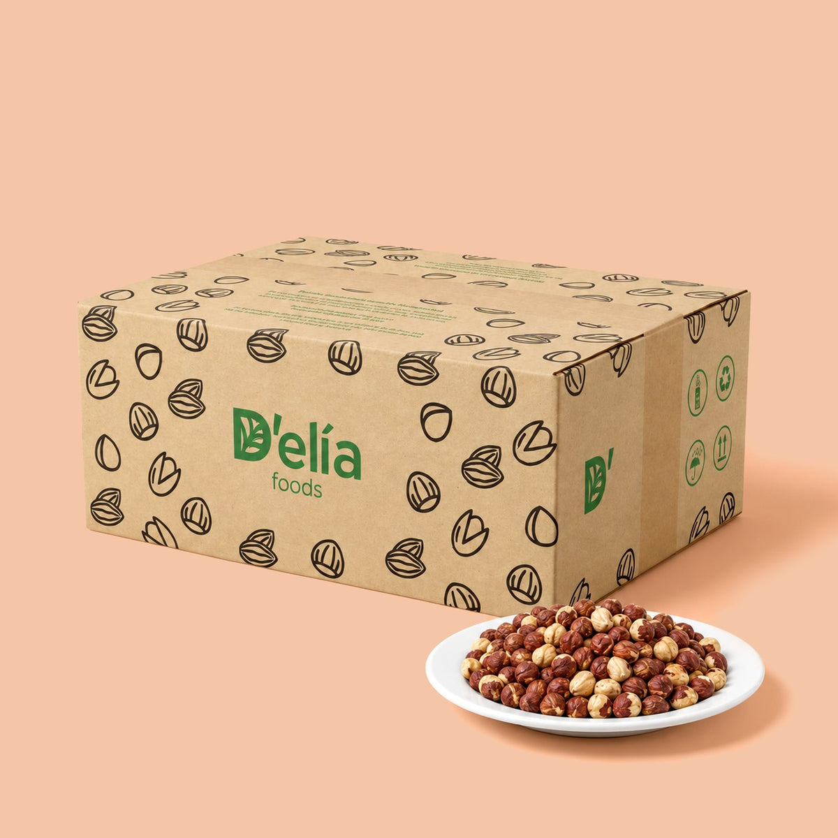 Caja de 10 kg de avellana europea tostada D'elía foods con un plato de avellanas